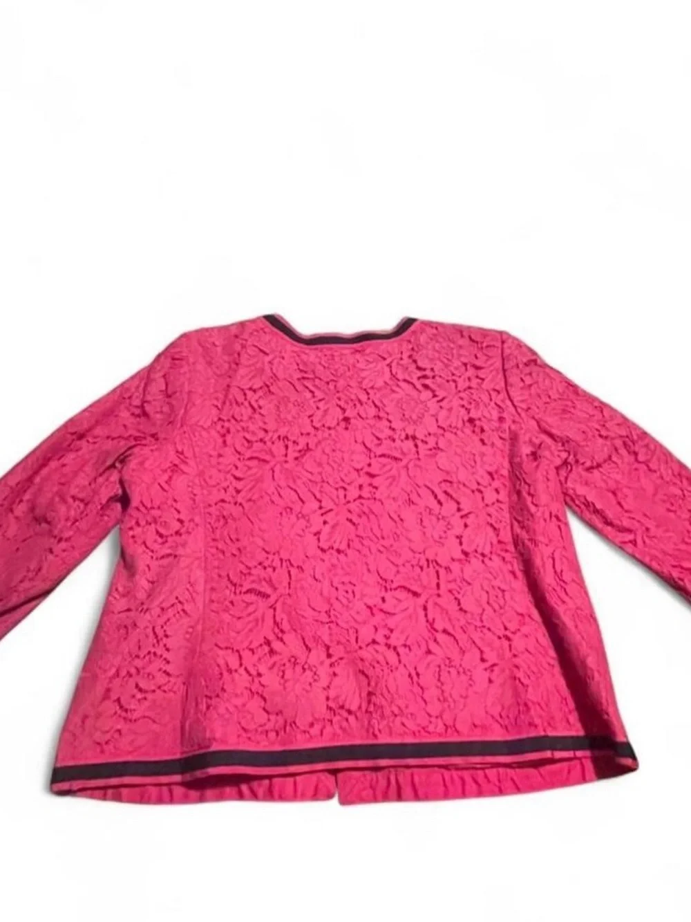 RSVP by Talbots Pink Floral Lace Blazer with Black Trim and Pearl Buttons
